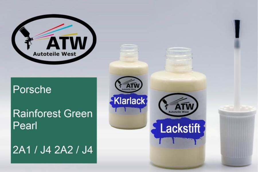Porsche, Rainforest Green Pearl, 2A1 / J4 2A2 / J4: 20ml Lackstift + 20ml Klarlack - Set, von ATW Autoteile West.